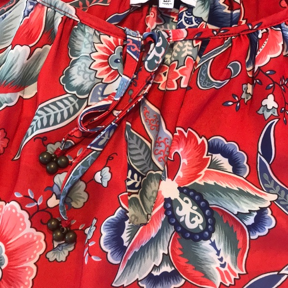 [NSR] Tie Neck Red/ Blue Floral Lightweight Blouse - Picture 3 of 8